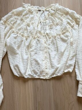 Free People Ivory Ruffle Button-Front Blouse